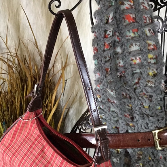 Cynthia Hart Clutch Red Khaki Plaid Brown Leather - Picture 6 of 8